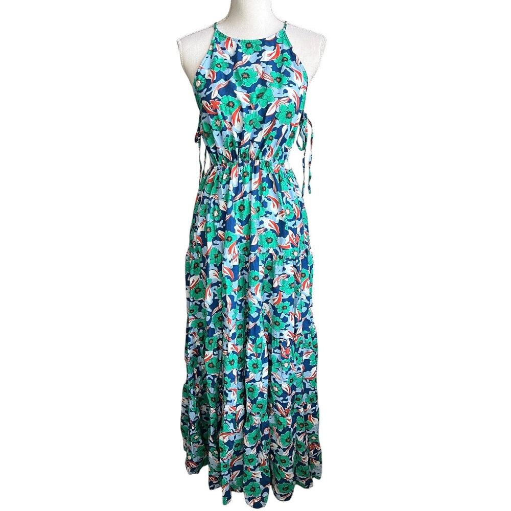 Aakaa green floral maxi dress halter side cutouts summer tiered feminine medium